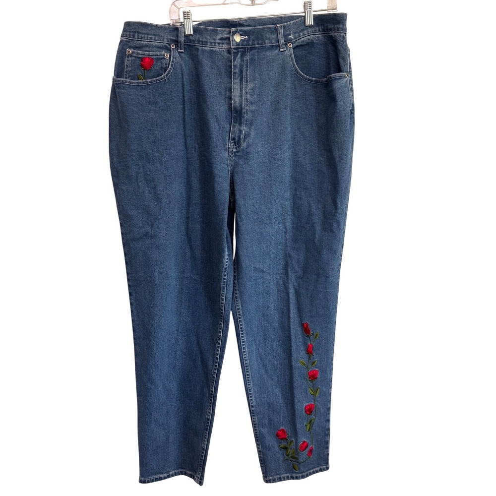 Quacker Factory Blue Rose Embroidered Straight Leg Jeans 22W Medium Wash
